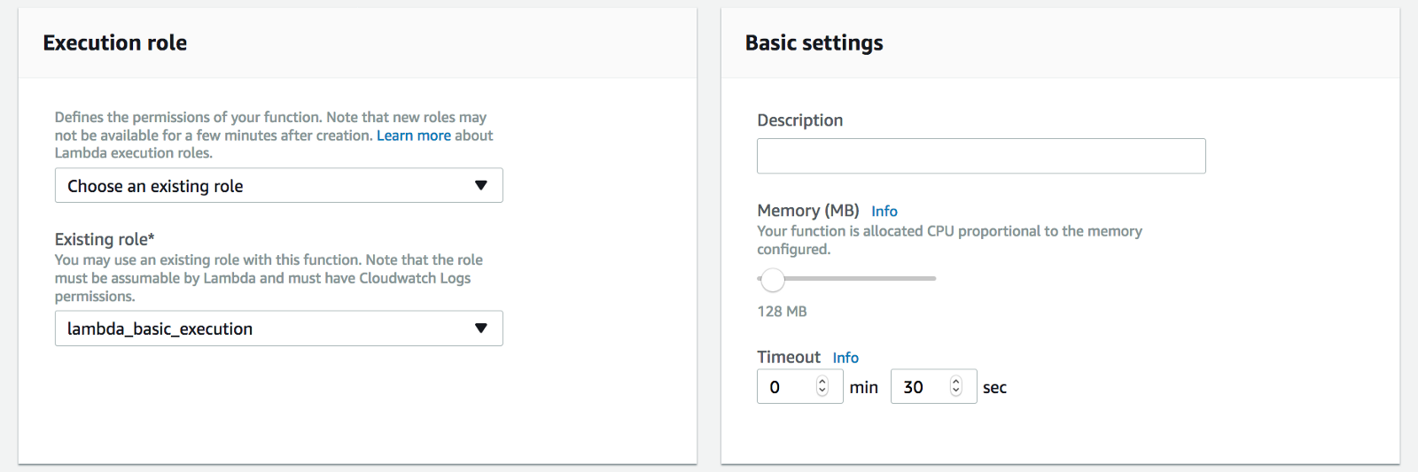 Execution role and Basic settings