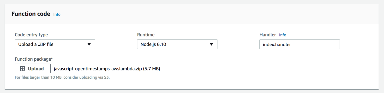 Function code panel to upload package