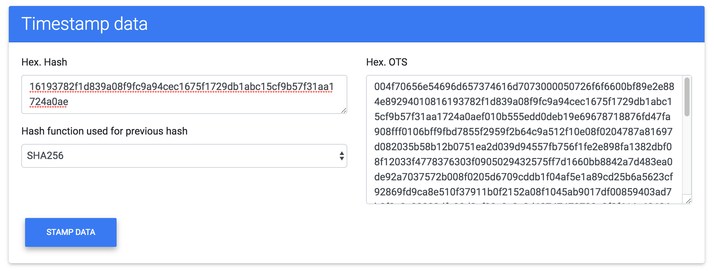 Timestamp data interface on opentimestamp.org/tools